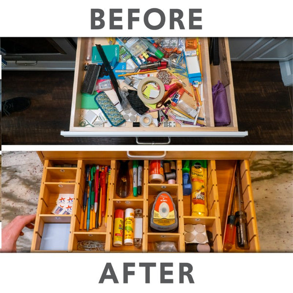 Before and after: a messy junk drawer vs. an organized Alpha QuickFind drawer