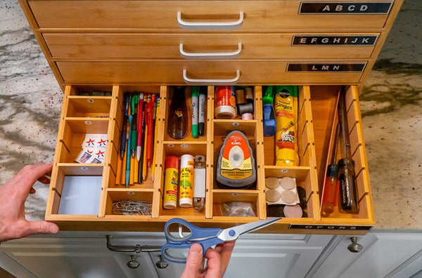 Open Alpha QuickFind drawer holding pens, glue, tape and small tools