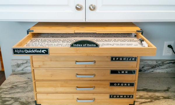 Alpha QuickFind pull-out whiteboard index above the alphabetical drawers