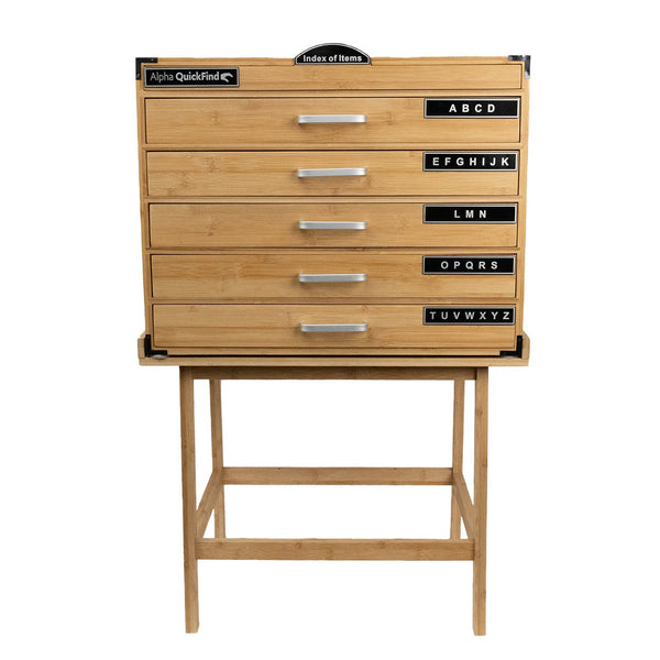 Alpha QuickFind organizer cabinet sitting on the bamboo stand